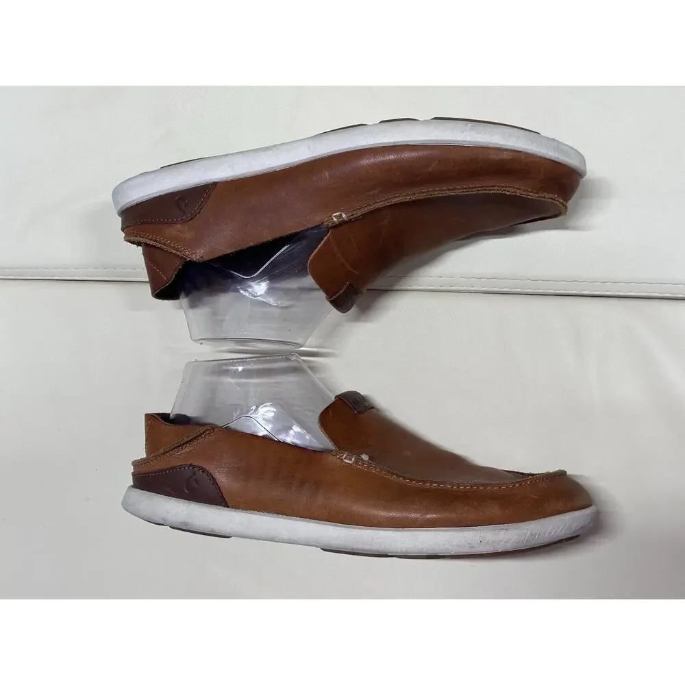 Olukai Nalukai Brown Leather Slip On Drop in Heel Loafer Shoes Men's Size US 9